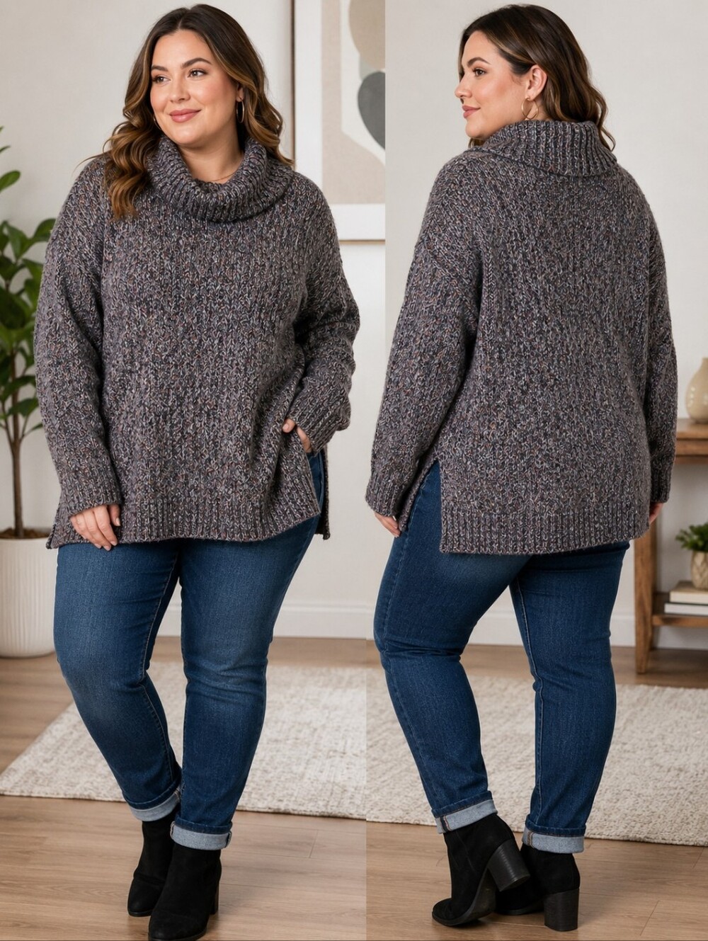 Liz Claiborne 3X Cowl Neck Sweater NWT Charcoal Marl Tunic Cozycore Quiet Luxury